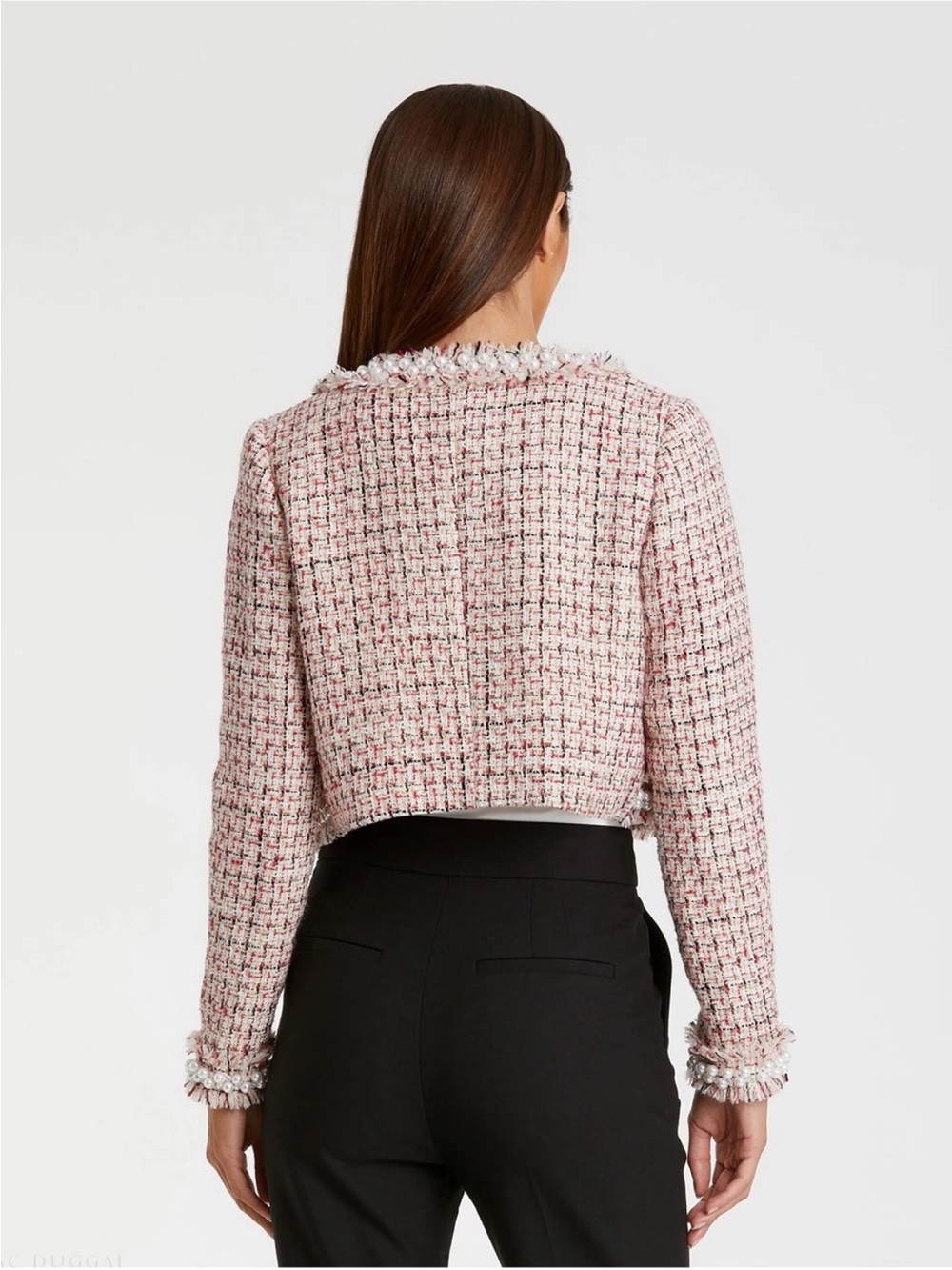 NWT Mac Duggal Multicolor Pearl Trim Tweed Long Sleeve Cropped Blazer L - Picture 3 of 6